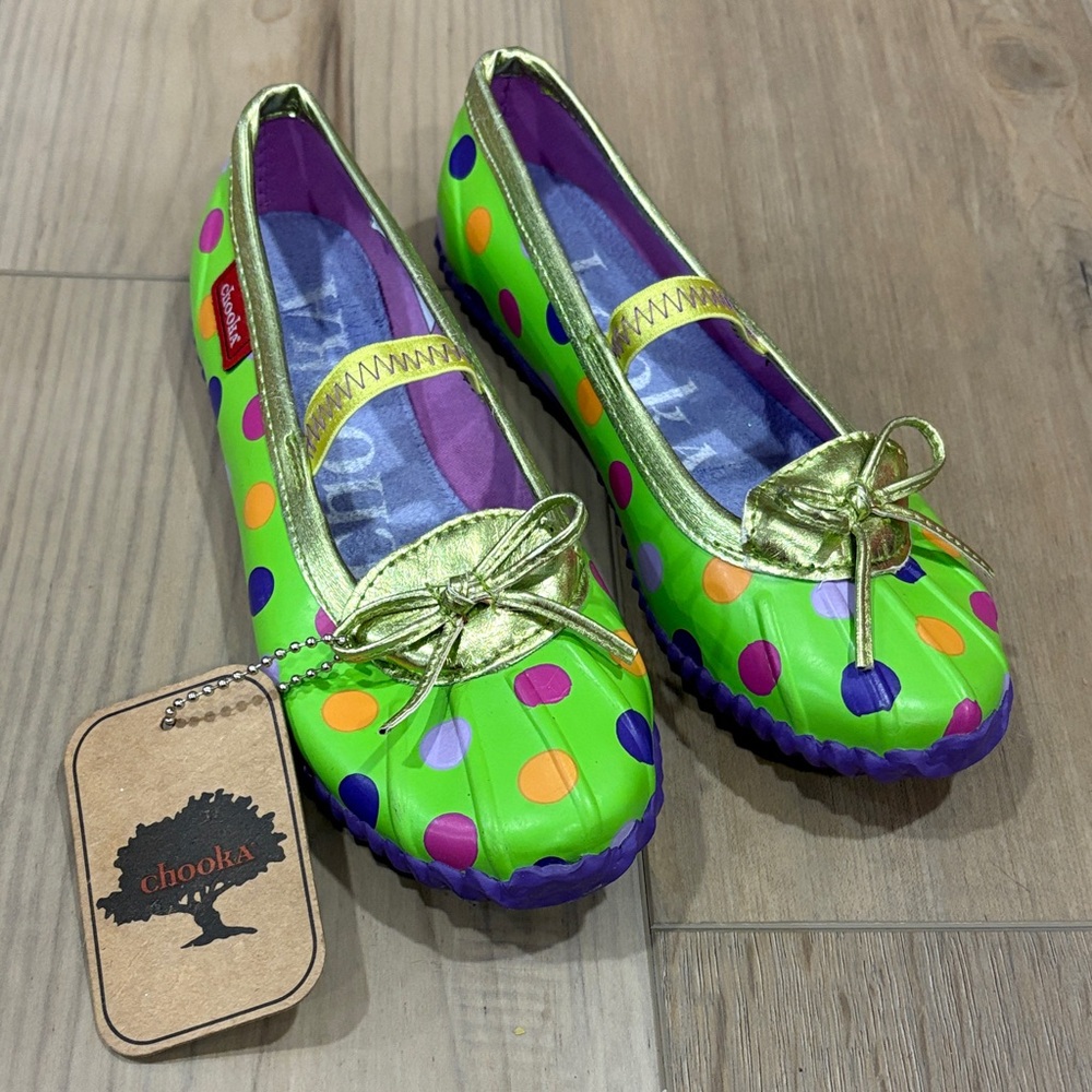 Western Chief Chooka Youth Green Rubber Mary Jane Flats Shiny Purple Orange NEW